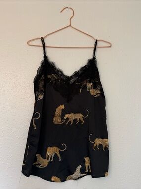 Black Satin Leopard-Print Lace Trim Chemise